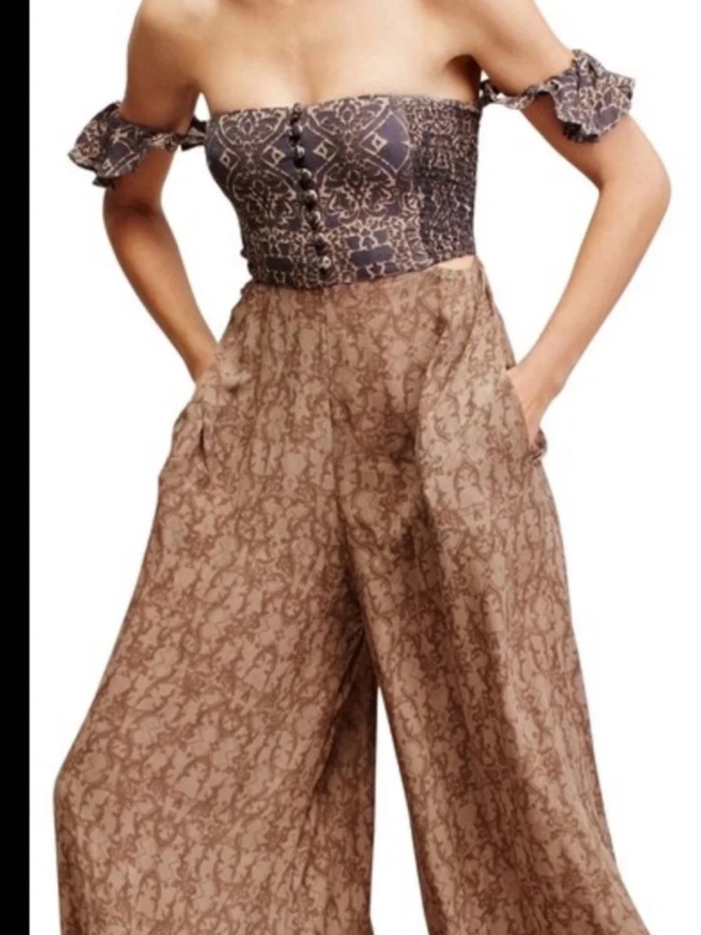 Brown Patterned Jumpsuit Pants with Boho Vibe and Side Cut Outs - Picture 10 of 11
